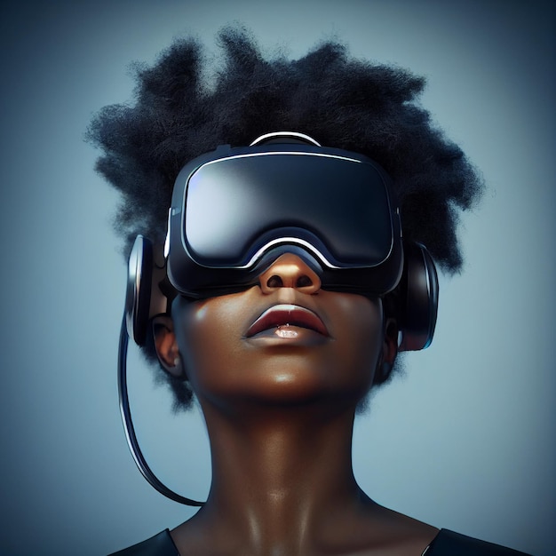 Mujer afroamericana con auriculares de realidad virtual vr