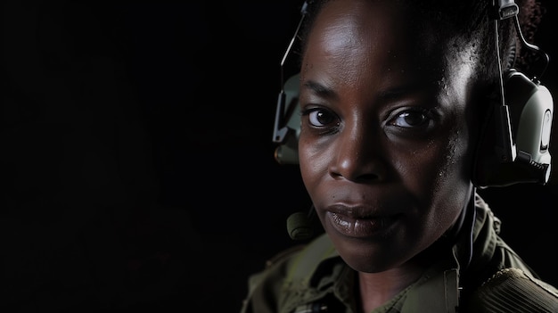 Mujer afroamericana con auriculares en uniforme