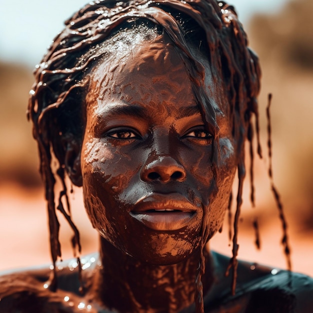 mujer afroamericana bella y fuerte peinado afro goteando barro fondo Africa desierto