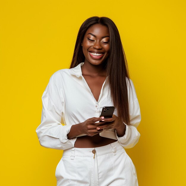 Una mujer afroamericana bonita con ropa blanca está sosteniendo un teléfono celular