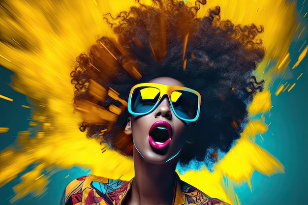 Mujer afroamericana con cabello afro voluminoso en un estilo de arte pop con contrastes de colores llamativos de cian oscuro y amarillo Perfecta para proyectos de diseño gráfico IA generativa