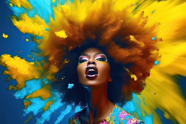 Mujer afroamericana con cabello afro voluminoso en un estilo de arte pop con contrastes de colores llamativos de cian oscuro y amarillo Perfecta para proyectos de diseño gráfico IA generativa