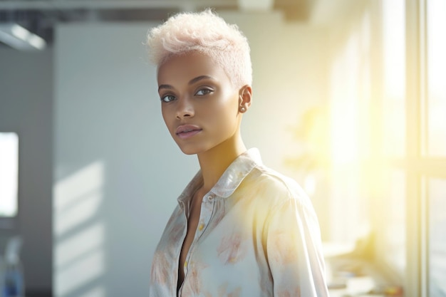 Mujer afroamericana con cabello blanco IA