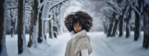 mujer afroamericana con cabello de estilo afro en invierno