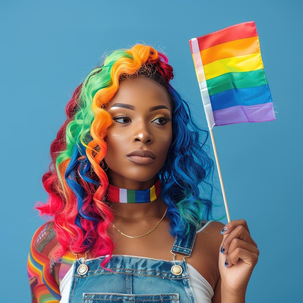 Mujer afroamericana con cabello multicolor sosteniendo una bandera arco iris para el día y mes del orgullo