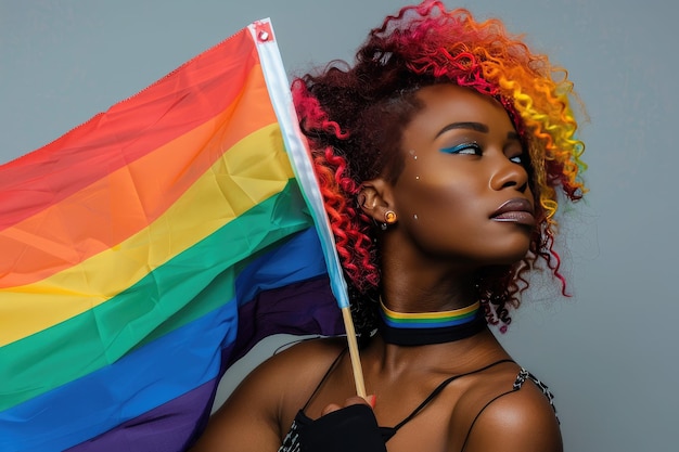 Mujer afroamericana con cabello multicolor sosteniendo una bandera arco iris para el día y mes del orgullo