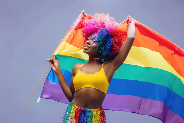 Foto mujer afroamericana con cabello multicolor sosteniendo una bandera arco iris para el día y mes del orgullo