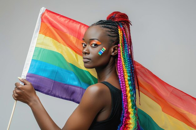 Foto mujer afroamericana con cabello multicolor sosteniendo una bandera arco iris para el día y mes del orgullo