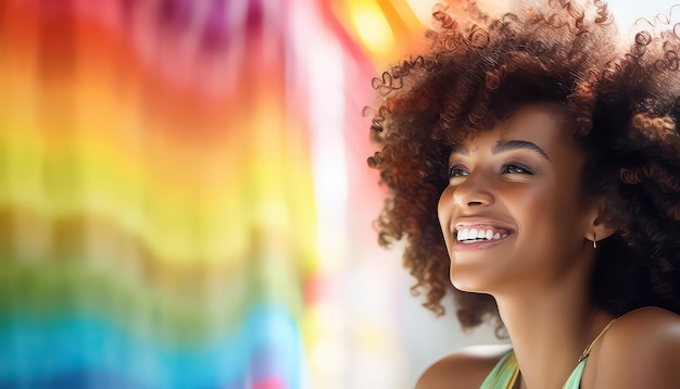 mujer afroamericana con cabello rizado en colores del arco iris mes de historia negra