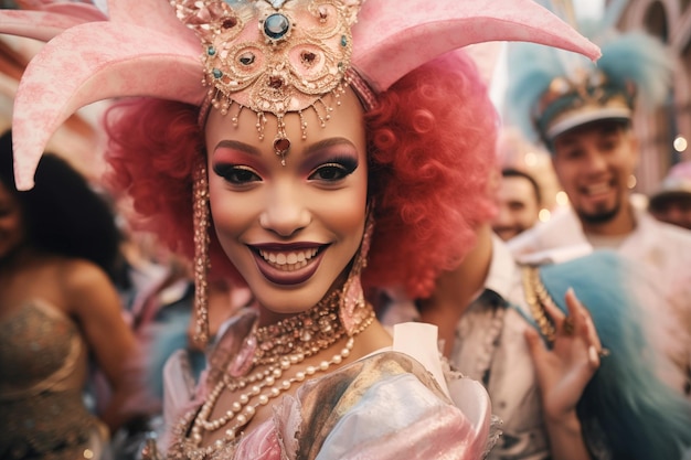 Mujer afroamericana con cabello rosa y traje veneciano en Venecia