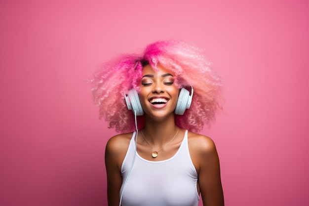 Mujer afroamericana con cabello rosado y camisa blanca escuchando música y sonriendo en p