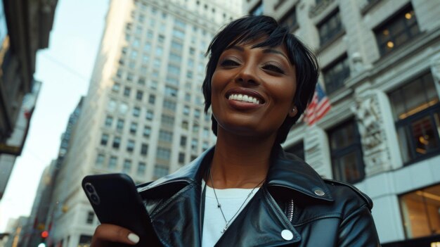 Una mujer afroamericana con una chaqueta de cuero está enfocada en la pantalla de su teléfono celular