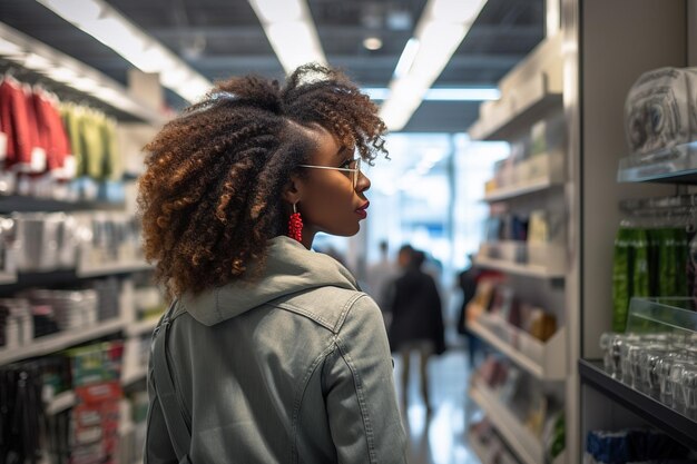 mujer afroamericana comprando en un supermercado o tienda por departamentos