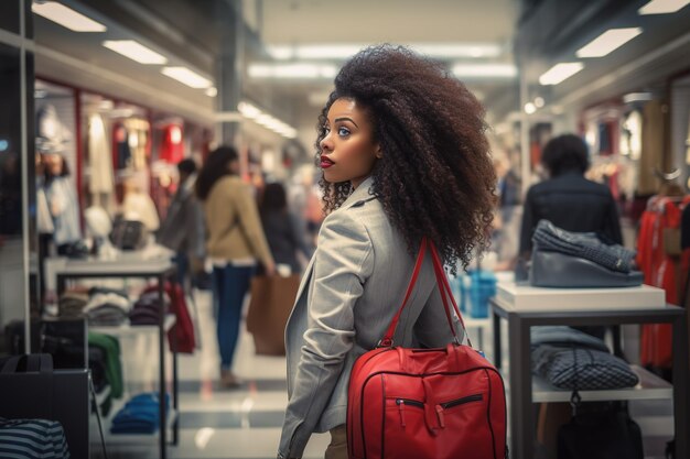 mujer afroamericana comprando en un supermercado o tienda por departamentos