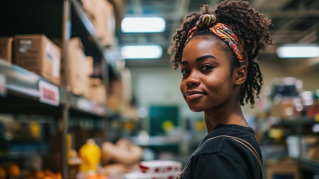Mujer afroamericana comprando en una tienda de comestibles retrato de una mujer hermosa