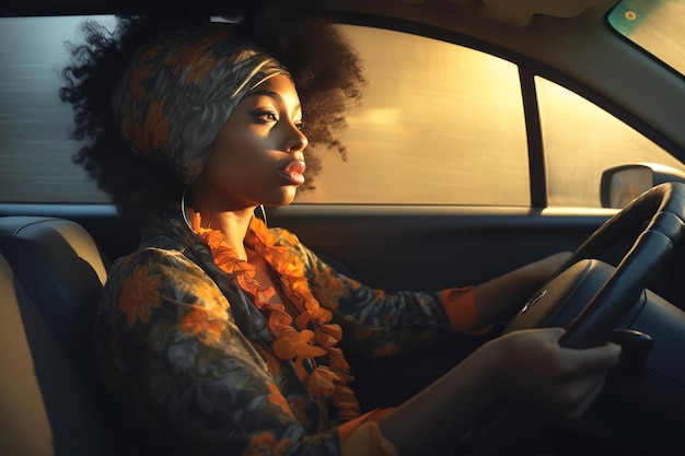 Mujer afroamericana conduciendo su coche