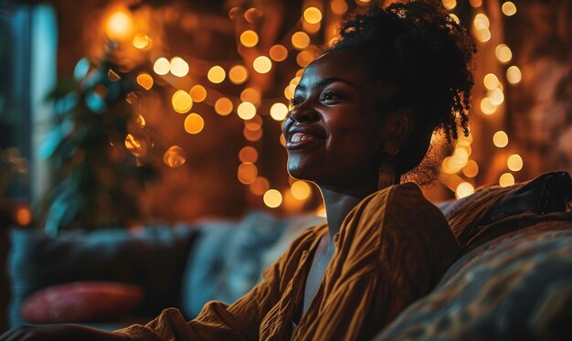 Mujer afroamericana descansando en el sofá viendo una película de fondo de bokeh de luz festiva