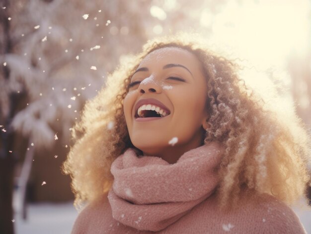 Foto una mujer afroamericana disfruta del día nevado de invierno en una pose dinámica y emocional juguetona