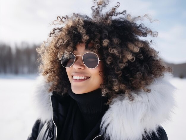 mujer afroamericana disfruta del día nevado de invierno en una postura dinámica emocional lúdica