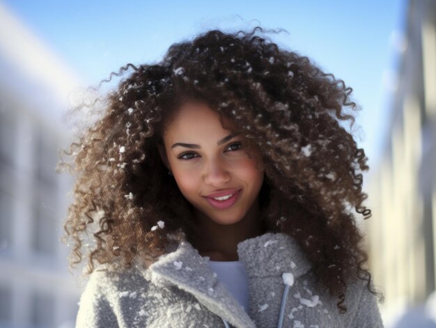 mujer afroamericana disfruta del día nevado de invierno en una postura dinámica emocional lúdica