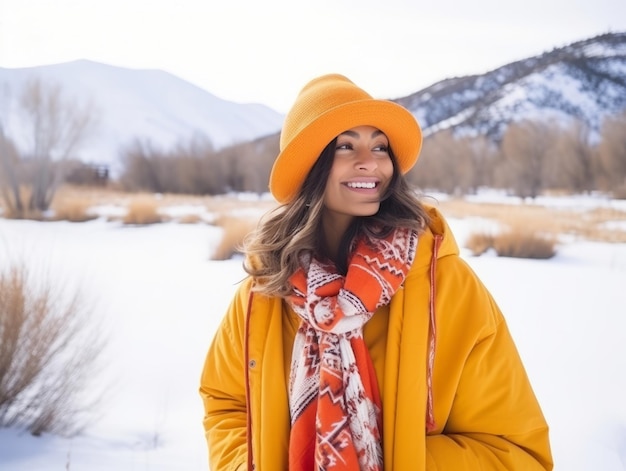 mujer afroamericana disfruta del día nevado de invierno en una postura dinámica emocional lúdica