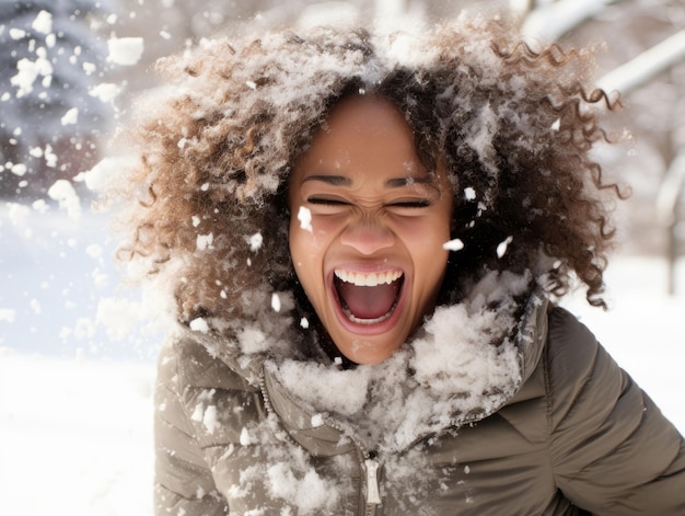 mujer afroamericana disfruta del día nevado de invierno en una postura dinámica emocional lúdica