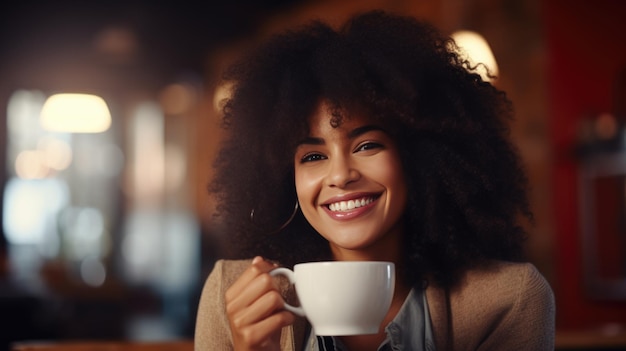 Mujer afroamericana disfrutando de una taza de café en una cafetería Creado con tecnología de IA generativa