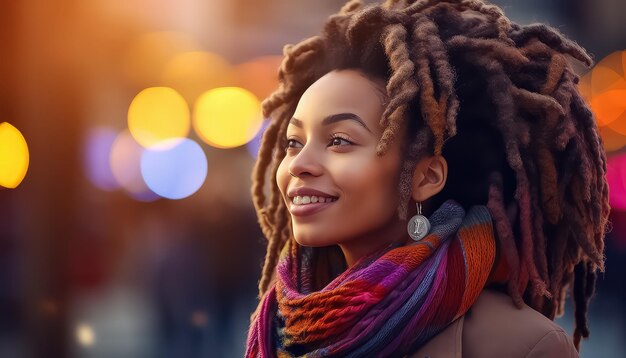 Mujer afroamericana con dreadlocks al aire libre 8 de marzo Día Mundial de la Mujer