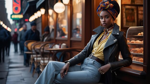 Mujer afroamericana elegante junto al café