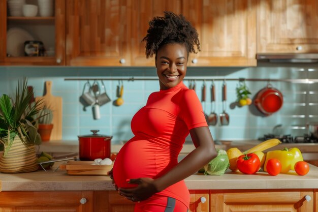 Foto mujer afroamericana embarazada en ropa deportiva roja en la cocina en casa mujer negra esperando haciendo deporte