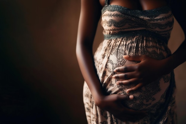 Una mujer afroamericana embarazada en un vestido de verano se acaricia el vientre para el espacio de copia de texto esperando