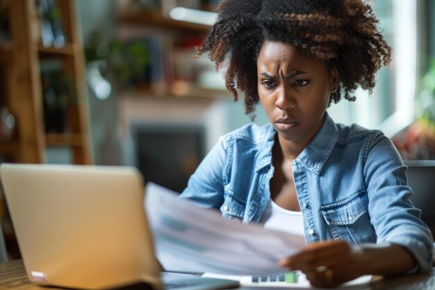 Una mujer afroamericana enojada se sienta en su lugar de trabajo en casa examinando un papel