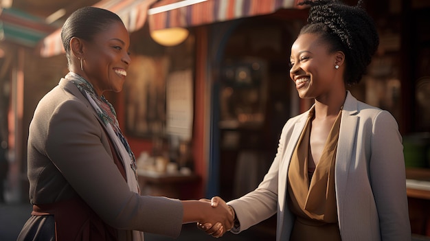 Una mujer afroamericana estrecha la mano con un cliente.