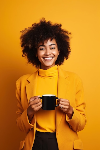 Mujer afroamericana feliz con una taza de café sobre un fondo amarillo