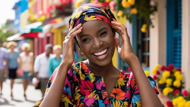 Una mujer afroamericana feliz toca la frente, inclina la cabeza y sonríe felizmente a la cámara.