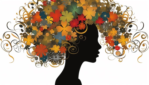 Mujer afroamericana con flores en el cabello Retrato de mujer abstracta de piel negra estadounidense