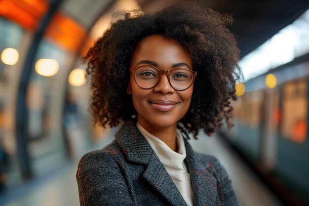 Una mujer afroamericana con gafas se para con confianza frente a un tren en una estación de tren durante un viaje de negocios