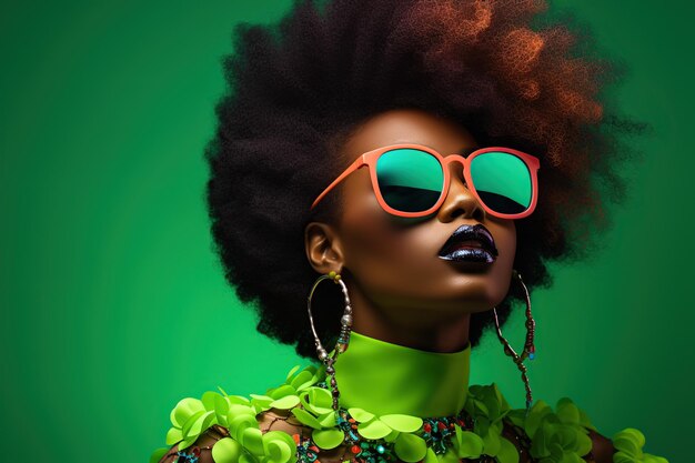 Mujer afroamericana con gafas de sol con luces de neón