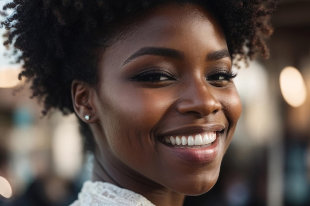 Foto mujer afroamericana con una hermosa sonrisa y dientes blancos perfectos retrato de primer plano