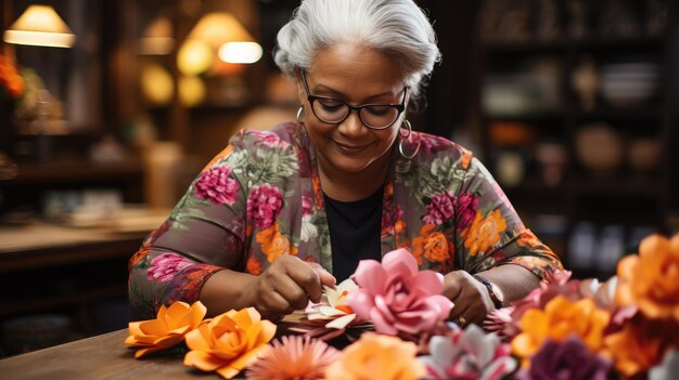 Una mujer afroamericana madura hace flores de papel en la mesa.