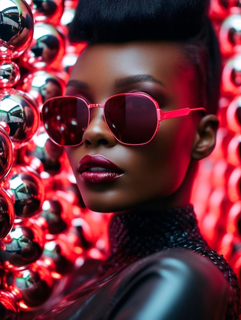 Mujer afroamericana de moda con elegantes gafas de sol posando sobre fondo rojo con bola de Navidad