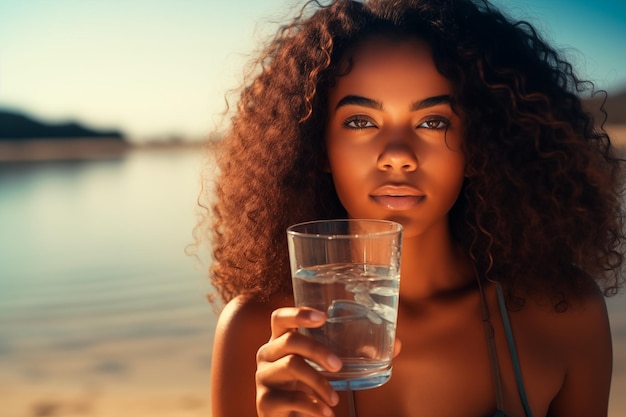 Una mujer afroamericana muy rizada bebiendo agua en la playa.