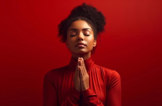 Mujer afroamericana orando retrato de estudio telón de fondo rojo concepto de religión
