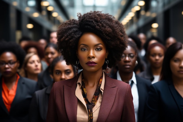 una mujer afroamericana parada frente a un gran grupo de personas