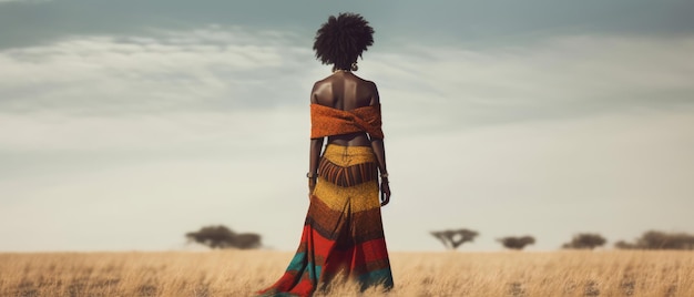 Mujer afroamericana de pie en un campo al atardecer IA generativa