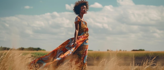 Mujer afroamericana de pie en un campo al atardecer IA generativa