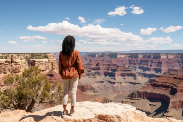 Mujer afroamericana de pie en la cima de la montaña Parque Nacional del Gran Cañón EE.UU. IA generativa