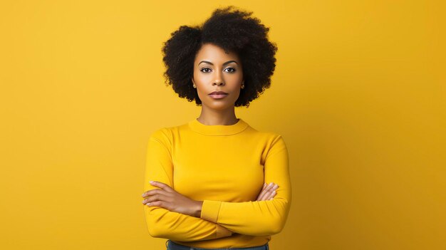 Mujer afroamericana de pie con las manos cruzadas contra un vibrante concepto de espacio de copia amarilla del Mes de la Historia Negra afroamericana y Sudáfrica