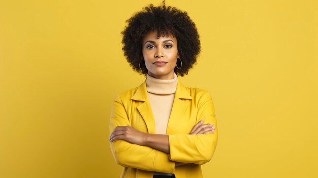 Mujer afroamericana de pie con las manos cruzadas contra un vibrante concepto de espacio de copia amarilla del Mes de la Historia Negra afroamericana y Sudáfrica