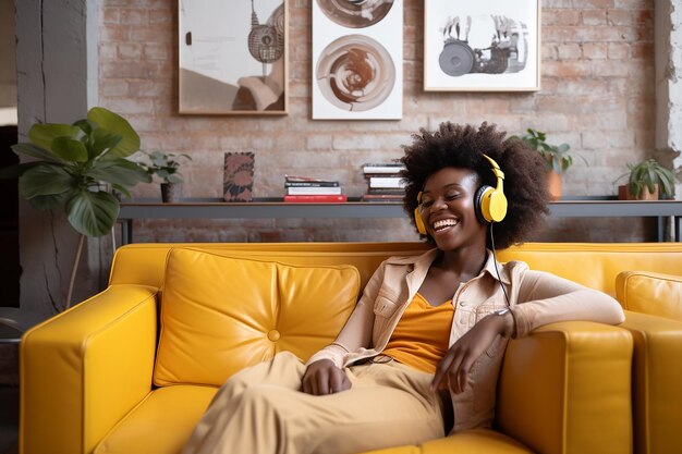 una mujer afroamericana de piel oscura se sienta en un sofá amarillo en un apartamento juvenil y escucha música